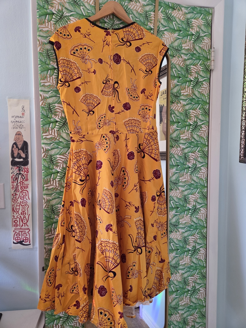 Pinup Couture Mustard Yellow Fan-Print Fit & Flare Midi Dress - Picture 5 of 5